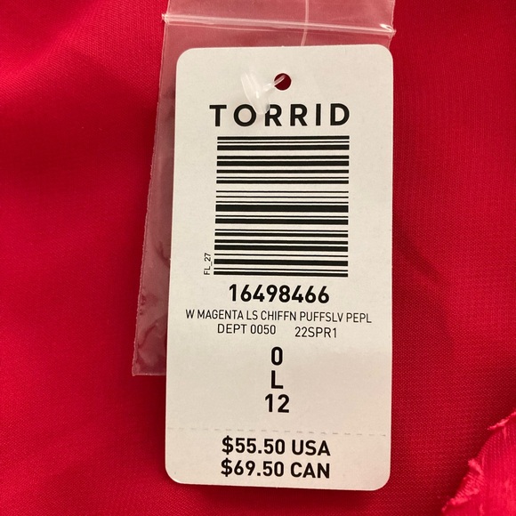 TORRID Peplum Long Sleeve Heart Chiffon Blouse Sz 0, L, 12 Magenta Sheer NWT - Picture 5 of 11